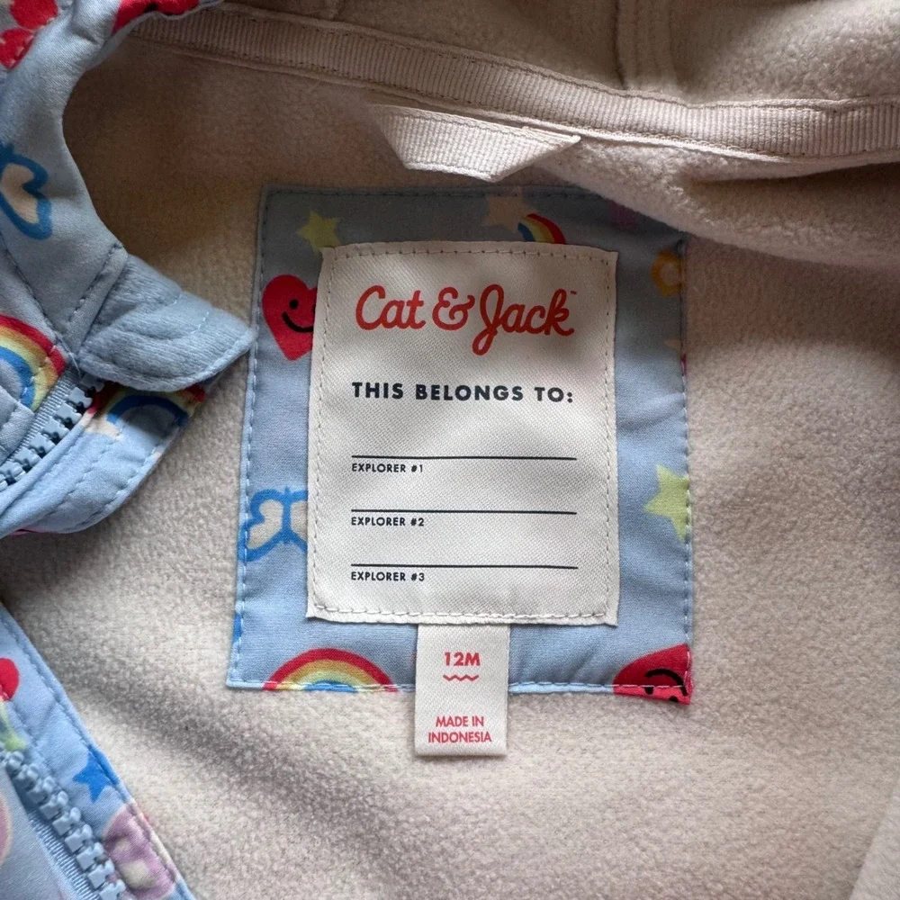 Cat & Jack Baby Girls 12M Rainbow Smiley Softshell Jacket Light Blue NWT